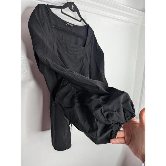 Zara Blouse Womens Large Black Square Neck Long Balloon Sleeve Pleated Top - Picture 3 of 8
